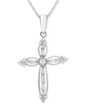 Diamond Round & Baguette Openwork Cross 18" Pendant Necklace (1/4 ct. t.w.) in 14k White Gold