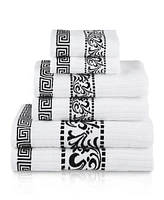 Superior Athens Cotton with Greek Scroll and Floral Pattern Assorted, 6 Piece Bath Towel Set