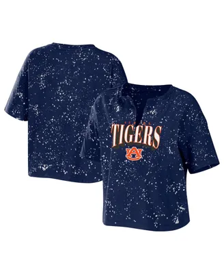 Women's Wear by Erin Andrews Navy Auburn Tigers Bleach Wash Splatter Cropped Notch Neck T-shirt