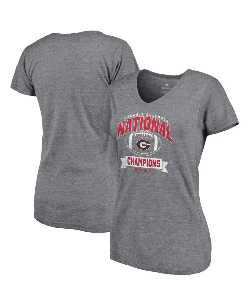 Women's Fanatics Gray Distressed Georgia Bulldogs College Football Playoff 2021 National Champions Reverse Vintage-Like V-Neck T-Shirt