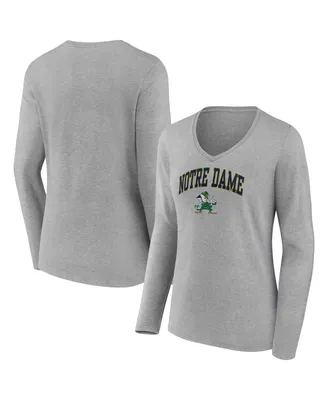 Women's Fanatics Heather Gray Notre Dame Fighting Irish Evergreen Campus Long Sleeve V-Neck T-shirt