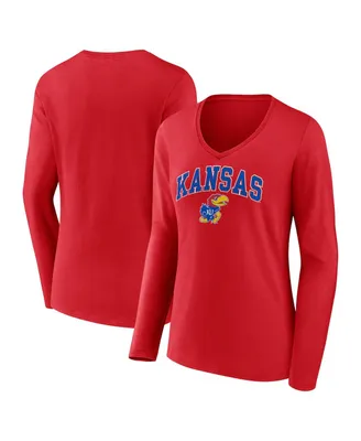 Women's Fanatics Red Kansas Jayhawks Evergreen Campus Long Sleeve V-Neck T-shirt