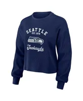 Women's Wear by Erin Andrews Navy Distressed Seattle Seahawks Waffle Knit Long Sleeve T-shirt and Shorts Lounge Set