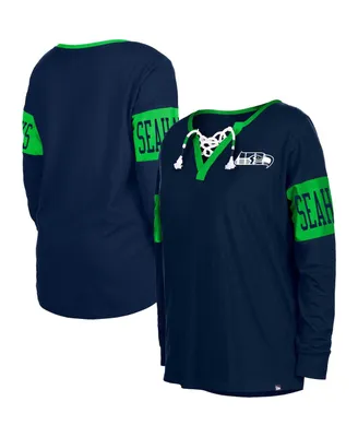 Women's New Era College Navy Seattle Seahawks Lace-Up Notch Neck Long Sleeve T-shirt