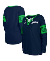 Women's New Era College Navy Seattle Seahawks Lace-Up Notch Neck Long Sleeve T-shirt