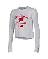 Women's Champion Gray Wisconsin Badgers Boyfriend Cropped Long Sleeve T-shirt