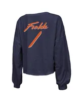 Women's Majestic Threads Justin Fields Navy Distressed Chicago Bears Name and Number Off-Shoulder Script Cropped Long Sleeve V-Neck T-shirt