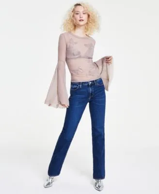 Guess Womens Embellished Butterfly Flared Sleeve Top Whiskered Denim Jeans