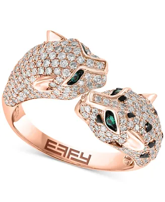 Effy Diamond (1-1/20 ct. t.w.) & Emerald (1/20 ct. t.w.) Double Panther Head Ring in 14k Rose Gold