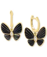 Effy Mother of Pearl & Diamond (1/10 ct. t.w.) Butterfly Dangle Hoop Earrings in 14k Gold