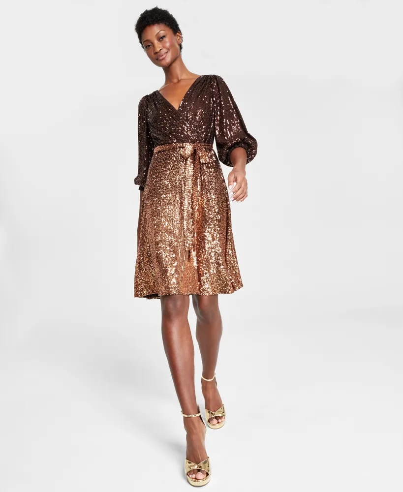 Dkny Women's Ombre-Sequin Fit & Flare Wrap Dress