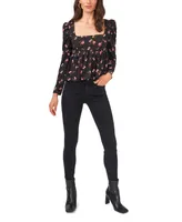 1.state Women's Floral Long-Sleeve Square-Neck Empire Seam Blouse