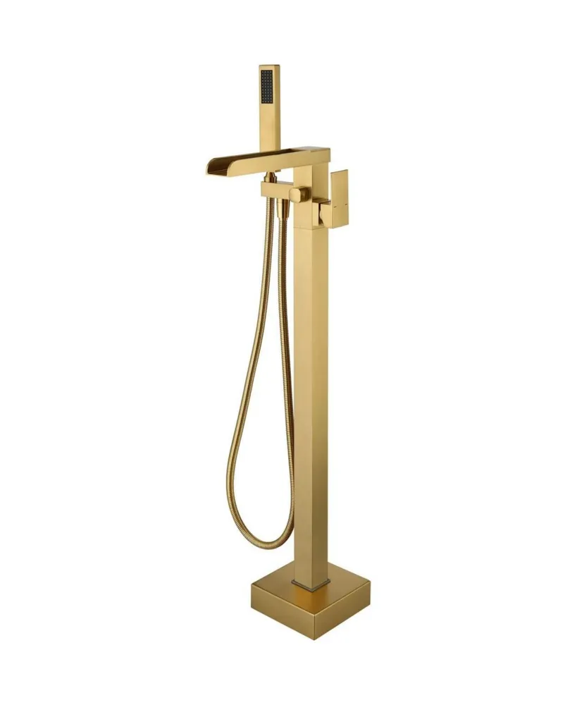 Streamdale Furniture Bathroom Freestanding Waterfall Tub Filler Brushed Gold Floor Mount Faucet With Hand Shower