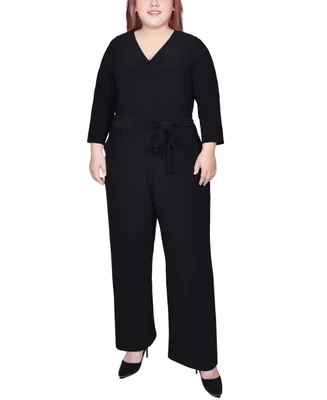 Ny Collection Plus 3/4 Sleeve Belted Jumpsuit