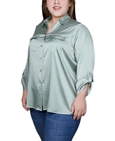 Ny Collection Plus 3/4 Sleeve Roll Tab Satin Blouse