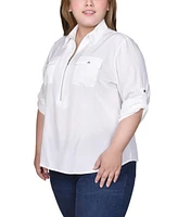 Ny Collection Plus Size 3/4 Roll Tab Sleeve Zip Front Top