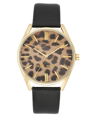 Nine West Women's Quartz Black Faux Leather Band and Leopard Pattern Watch, 36mm - Black, Gold