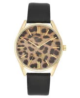 Nine West Women's Quartz Black Faux Leather Band and Leopard Pattern Watch, 36mm - Black, Gold