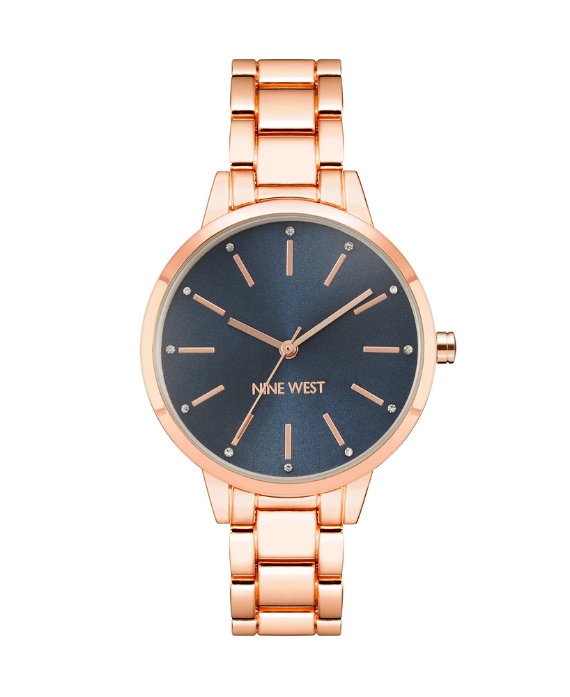 Nine West Women's Quartz Rose Gold-Tone Alloy Link Bracelet Watch, 36mm - Navy, Rose Gold