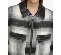 Dkny Jeans Women's Faux-Leather-Trim Cropped Plaid Jacket