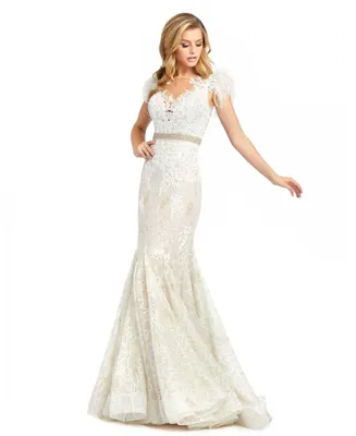 Women's Embellished Feather Cap Sleeve Illusion Neck Trumpet Gown