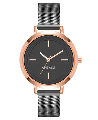 Nine West Women's Quartz Black Stainless Steel Mesh Band Watch, 34mm - Black, Rose Gold