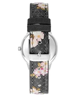 Nine West Women's Quartz Black Floral Pattern Faux Leather Band Watch, 36mm - Black, Silver