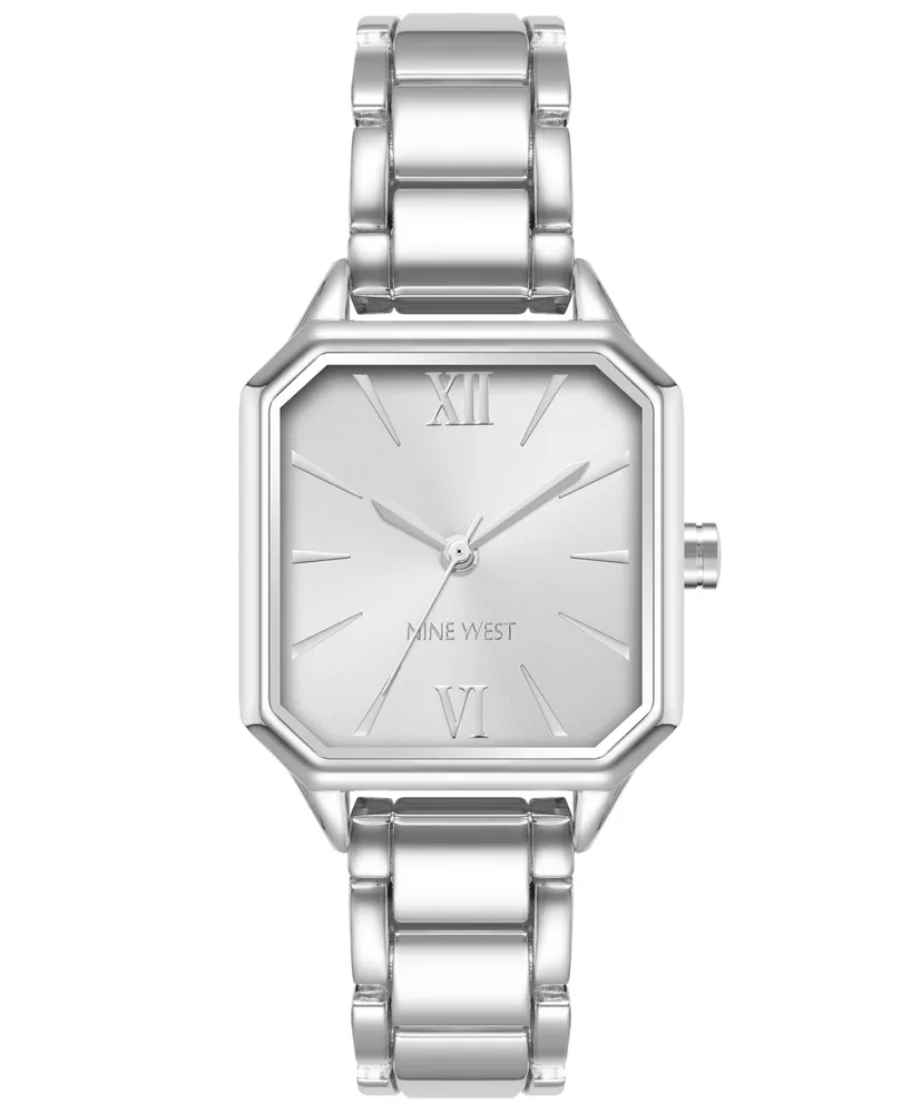 Nine West Women's Quartz Square Silver-Tone Alloy Link Bracelet Watch, 27mm