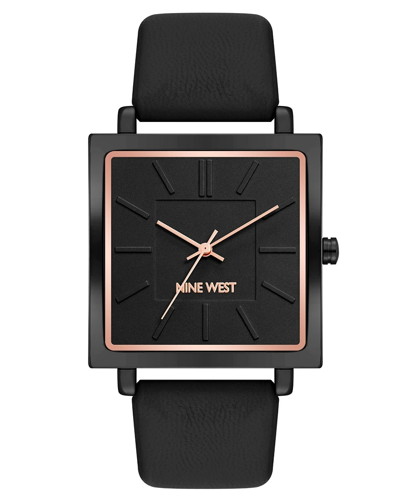 Nine West Women's Quartz Square Black Faux Leather Band Watch, 35mm - Black, Rose Gold