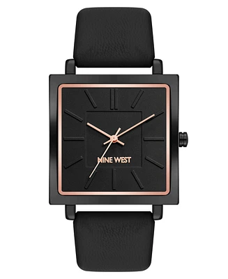 Nine West Women's Quartz Square Black Faux Leather Band Watch, 35mm - Black, Rose Gold