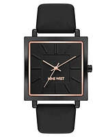 Nine West Women's Quartz Square Black Faux Leather Band Watch, 35mm - Black, Rose Gold