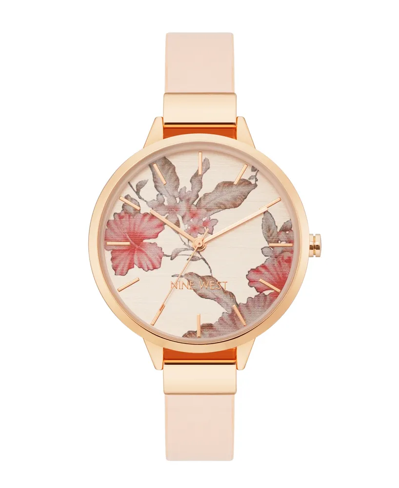 Nine West Women's Quartz Blush Pink Faux Leather Band and Floral Pattern Watch, 38mm