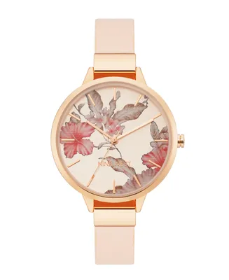 Nine West Women's Quartz Blush Pink Faux Leather Band and Floral Pattern Watch, 38mm