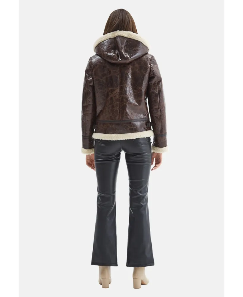 Women's Detachable Hooded Shearling Jacket, Cracked Brown with Beige Curly Wool