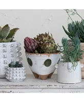 Boho Stoneware Footed Planter with Painted Geometric Design