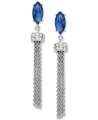 Guess Silver-Tone Blue Stone Chain Fringe Linear Earrings
