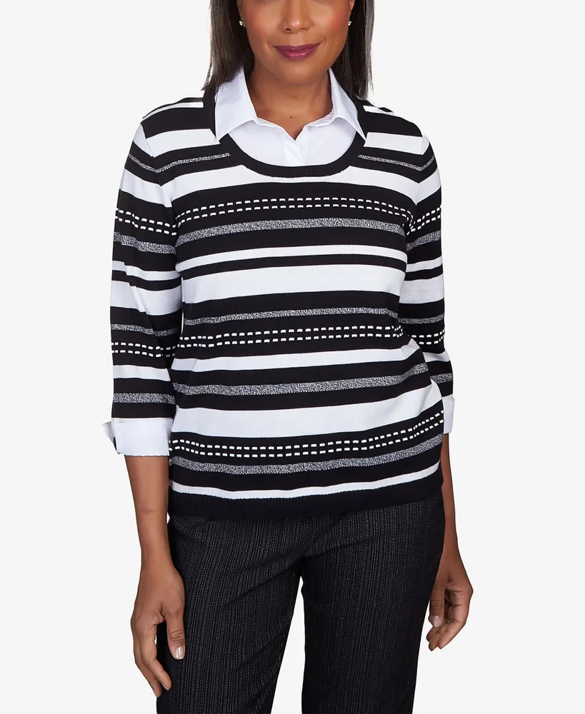 Alfred Dunner Women's World Traveler Stripe Pullover Two in One Sweater