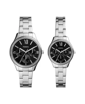 Fossil His and Her Multifunction Silver-Tone Stainless Steel Watch Set, 42mm 36mm - Silver