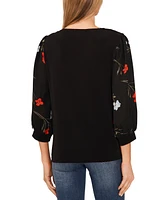 CeCe Women's 3/4-Sleeve Mixed Media Floral Sleeve Top