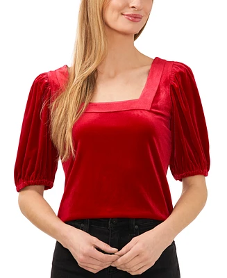 CeCe Women's Square Neck Short Puff Sleeve Velvet Top