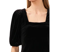 CeCe Women's Square Neck Short Puff Sleeve Velvet Top