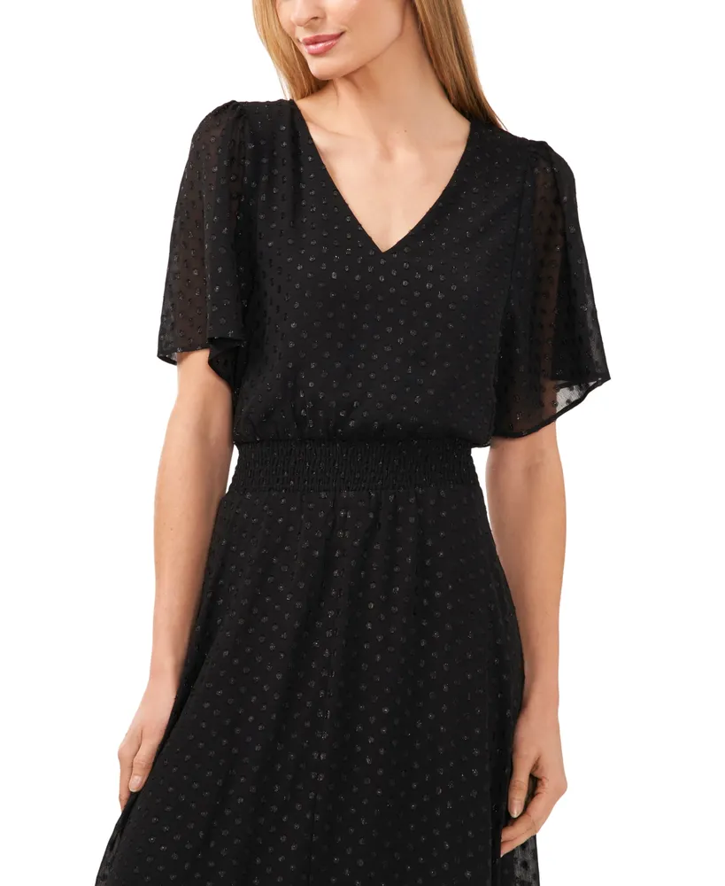 CeCe Women's Smocked Waist Flutter Sleeve Maxi Dress