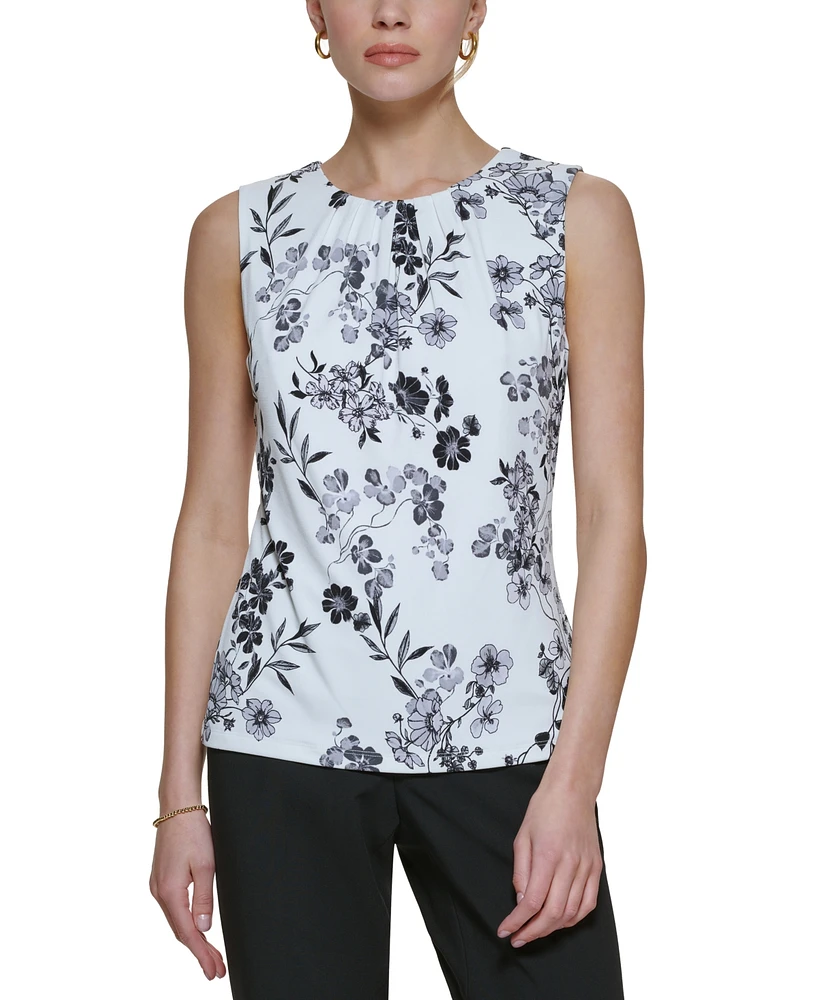 Calvin Klein Printed Pleat-Neck Blouse, Regular and Petite Sizes