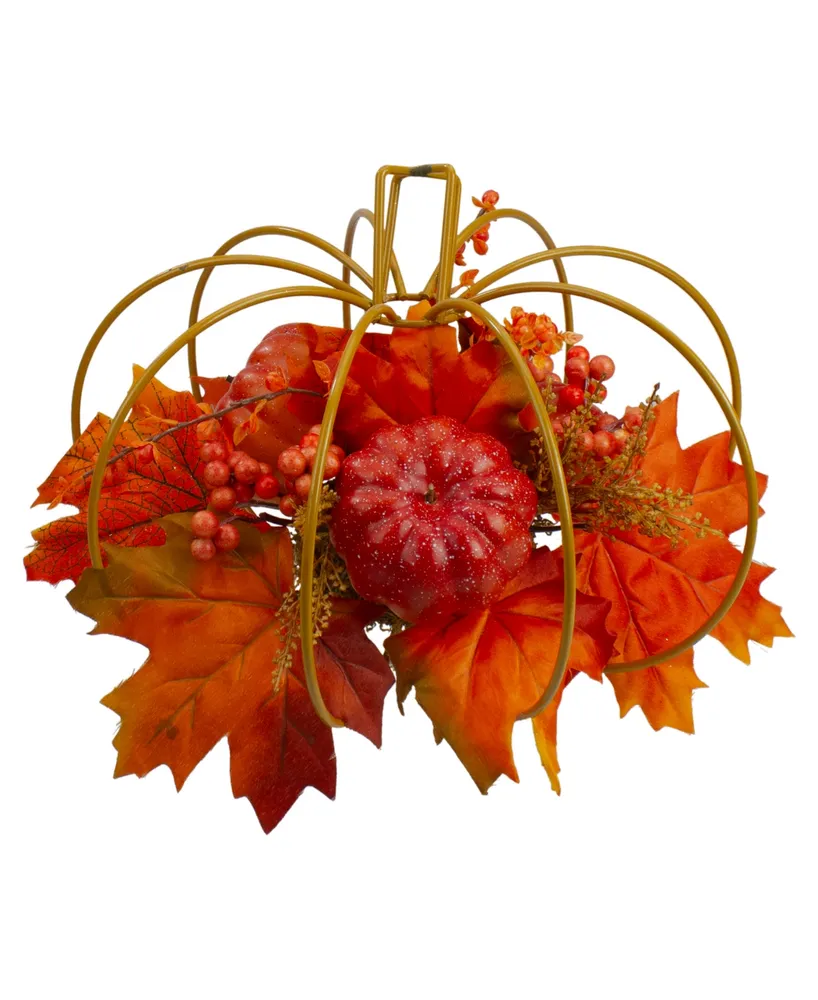Autumn Harvest Maple Leaf and Berry Pumpkin Tabletop Centerpiece, 12"
