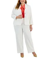 Kasper Plus Size Two Button Blazer Tie Neck Blouse Pull On Straight Leg Pants