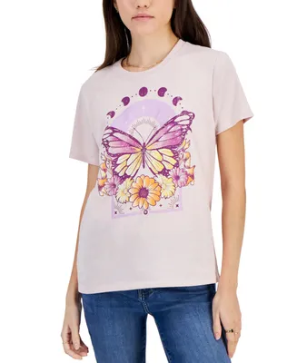 Rebellious One Juniors' Butterfly Floral Crewneck Graphic T-Shirt