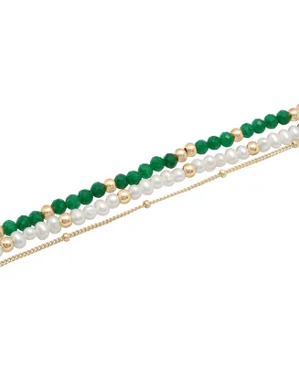 Cultured Freshwater Pearl (3 - 3-1/2mm), Dyed Jade, & Polished Bead Triple Layer Bracelet in 14k Gold-Plated Sterling Silver
