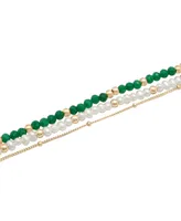 Cultured Freshwater Pearl (3 - 3-1/2mm), Dyed Jade, & Polished Bead Triple Layer Bracelet in 14k Gold-Plated Sterling Silver