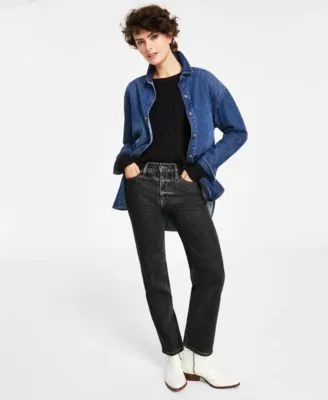 Calvin Klein Jeans Womens Oversized Denim Overshirt Jacket Cable Knit Cropped Sweater Straight Leg Denim Jeans