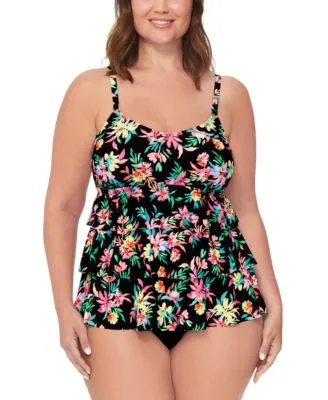 Island Escape Plus Size Floral Print Tiered Tankini Top High Waist Bottoms Created For Macys